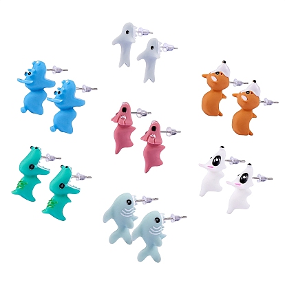 7paire 7 style mignon boucles d'oreilles en résine animale, boucles d'oreilles dinosaure & baleine & chien & hippopotame & requin pour femme