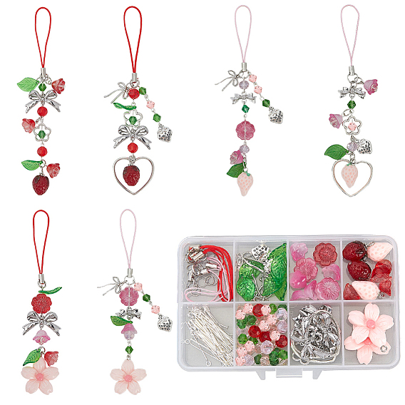 Наборы для изготовления ремешков для мобильных телефонов в виде цветка, клубники и бантика своими руками, в том числе стеклянные бусины, смола подвеска