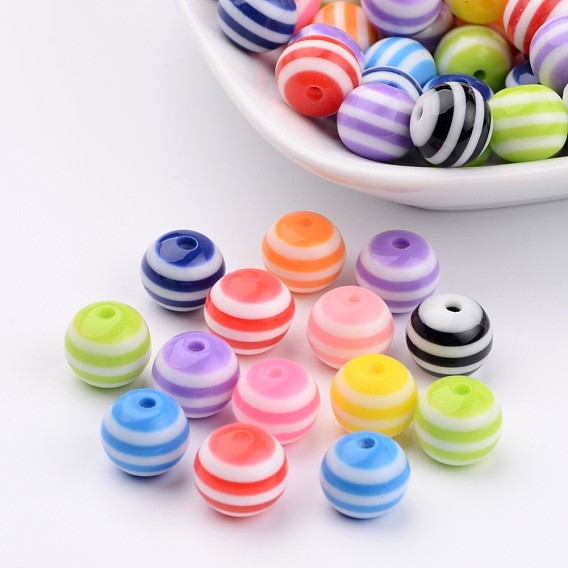 Resin Beads, Round, Stripe Pattern