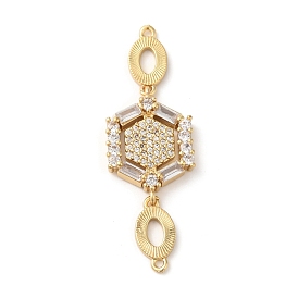Rack Plating Brass Pave Clear Cubic Zirconia Connector Charms, Hexagon Links, Lead Free & Cadmium Free, Long-Lasting Plated