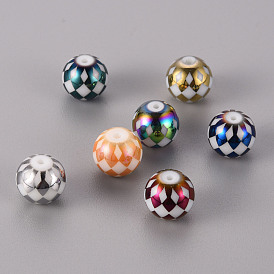 Electroplate Glass Beads, Round with Grid Pattern
