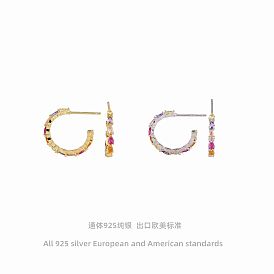 925 Sterling Silver Earrings with Colorful CZ Stones, French Style Studs for Women