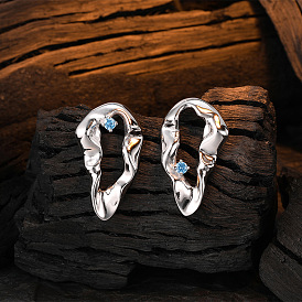 925 Sterling Silver Blue Sapphire Lava Earrings - Vintage Irregular Design for Women