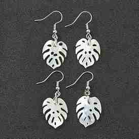 Natural Shell Dangle Earrings, with Platinum Plated Brass Earring Hooks, Tropical Leaf