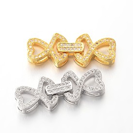 Heart Brass Micro Pave Cubic Zirconia Fold Over Clasps, Lead Free & Nickel Free, 29x11x4mm, Hole: 2x4mm