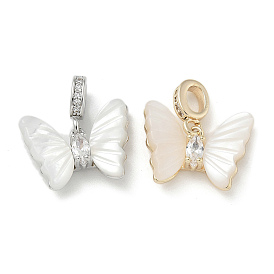 Европейские подвески-шармы с бабочкой из белой ракушки и латуни, без кадмия, без никеля и без свинца, подвески с большими отверстиями и прозрачными кубическими цирконами