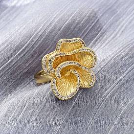 Латунные кольца-манжеты с микропаве и прозрачным цирконием для женщин, цветок, долговечный, без свинца и без кадмия