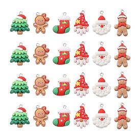 24шт 6 стили рождественские подвески из непрозрачной смолы, с платиновыми тоновыми железными петлями, пряничный человечек, гном и дед мороз, разнообразные