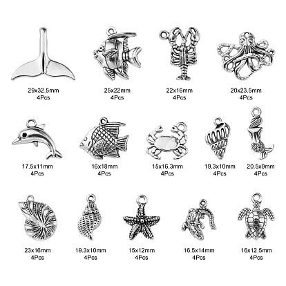 60Pcs 14 Style Tibetan Style Alloy Pendants, Starfish & Spiral Shell & Sea Turtle & Crab & Crocodile & Tropical Fish & Mermaid & Conch Shell & Octopus & Whelk & Whale Tail Shaped & Dolphin & Lobster