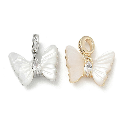 Европейские подвески-шармы с бабочкой из белой ракушки и латуни, без кадмия, без никеля и без свинца, подвески с большими отверстиями и прозрачными кубическими цирконами