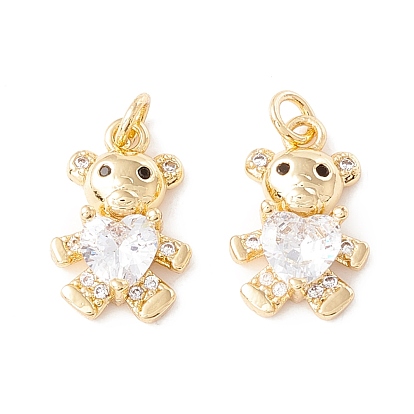 Placage de crémaillère en laiton micro pavé breloques en zircone cubique claire, avec des anneaux de saut, plaqué longue durée, sans cadmium et sans plomb, ours