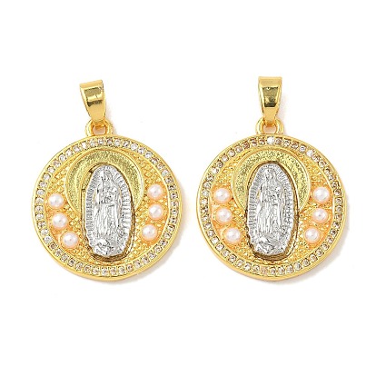 Латунные микро проложить кубического циркония подвески, плоские круглые с Девой Марией, с abs имитационными жемчужными бусинами , стойки покрытие, долговечный, без кадмия и без свинца