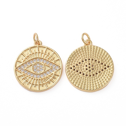 Brass Micro Pave Clear Cubic Zirconia Pendants, with Jump Rings, Long-Lasting Plated, Flat Round with Evil Eye