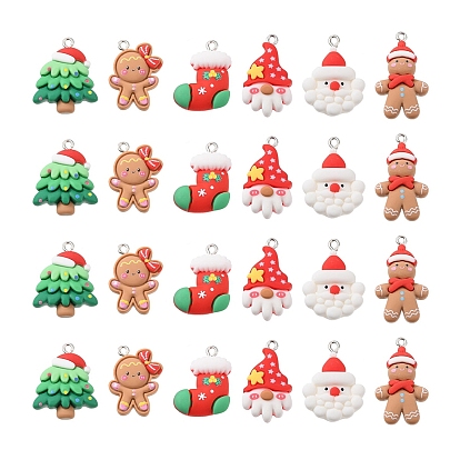 24Pcs 6 Styles Christmas Opaque Resin Pendants, with Platinum Tone Iron Loops, Gingerbread Man & Gnome & Santa Claus, Mixed Shapes