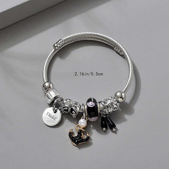 Регулируемые европейские браслеты из нержавеющей стали, браслеты с подвесками для женщин, якорь, со сплавом, стразами и смолой