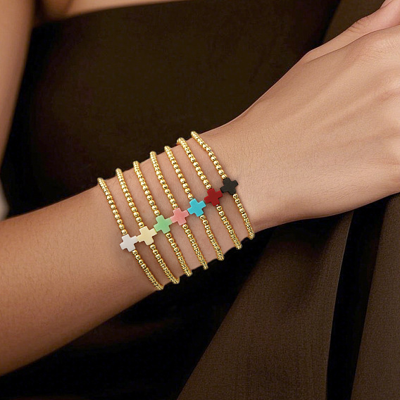 Латунные эластичные браслеты с круглыми бусинами, украшения из смолы крест для женщин