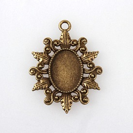 Vintage Tibetan Style Alloy Flower Pendant Cabochon Bezel Settings, Cadmium Free & Nickel Free & Lead Free, Oval Tray: 18x13mm, 42x32x3mm, Hole: 3mm, about 178pcs/kg