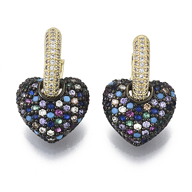 Brass Micro Pave Cubic Zirconia Dangle Huggie Hoop Earrings, with Synthetic Turquoise, Nickel Free, Heart, Colorful