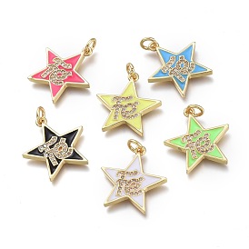 Brass Micro Pave Clear Cubic Zirconia Pendants, with Enamel and Jump Rings, Star with Word, Real 18K Gold Plated