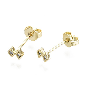 Brass Micro Pave Clear Cubic Zirconia Stud Earrings, with Ear Nuts, Nickel Free, Rhombus