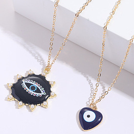 Demon Eye Oil Pearl Pendant Necklace for Women, Enamel Choker with Heart-shaped Lock