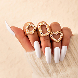 Geometric Letter O Heart Pearl Ring Set - 3 Pieces with Hollow Design