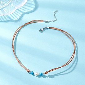 Женские ожерелья из круглых бусин из синтетической бирюзы и натурального жемчуга, выполненные из коровьей кожи, цвет нержавеющей стали