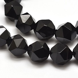 Faceted Natural Black Onyx Gemstone Bead Strands, Dyed, Star Cut Round Beads
