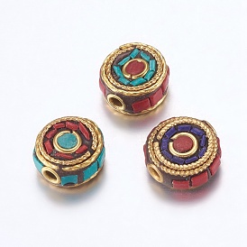 Handmade Indonesia Beads, with Brass Findings, Nickel Free, Flat Round, Raw(Unplated)