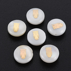 Natural Freshwater Shell Beads, with Golden Plated Brass Metal Embellishments, Flat Round with Owl