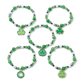 5Pcs 5 Styles Saint Patrick's Day Theme Natural Dyed Yellow Jade & Glass Beads Stretch Bracelets, with Alloy Enamel Pendant, Clover