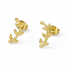 Vacuum Plating 304 Stainless Steel Tiny Leafy Branch Stud Earrings for Women