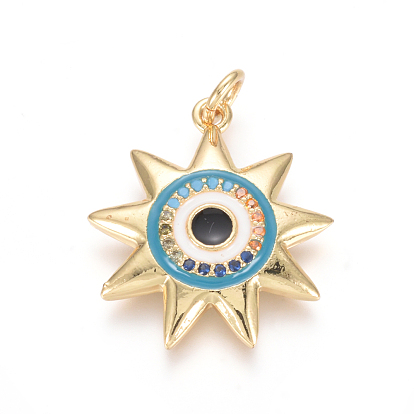Golden Plated Brass Micro Pave Cubic Zirconia Pendants, with Enamel and Jump Rings, Sun with Evil Eye