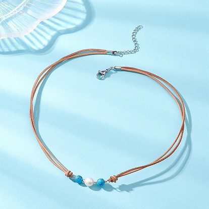 Женские ожерелья из круглых бусин из синтетической бирюзы и натурального жемчуга, выполненные из коровьей кожи, цвет нержавеющей стали