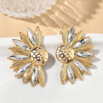 304 Stainless Steel Enamel Stud Earrings for Women, with Glass, Flower