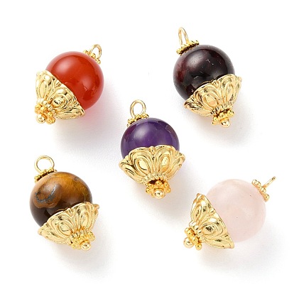 Natural Garnet & Carnelian & Rose Quartz & Amethyst & Tiger Eye Beads Pendants, with Golden Brass Ball Head Pins, Alloy Spacer Beads & Bead Caps, Round