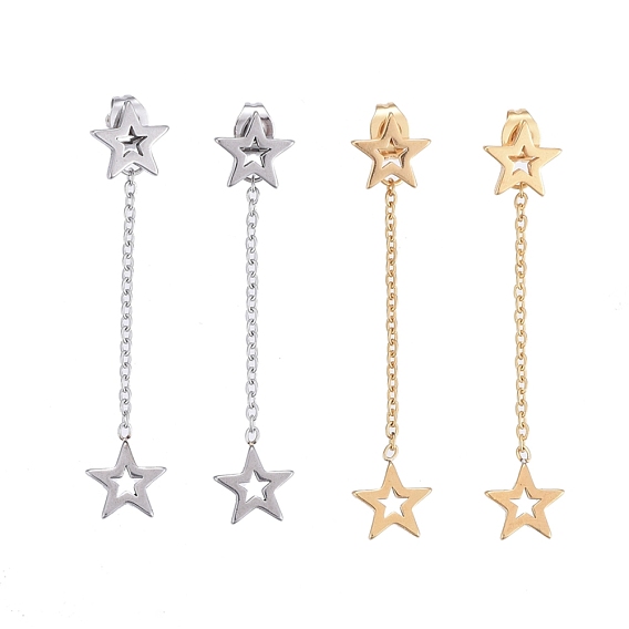 304 Stainless Steel Chain Tassel Earrings, with Ear Nuts, Star