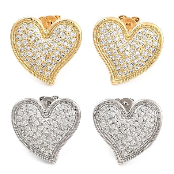 Brass Pave Cubic Zirconia Stud Earrings, Heart