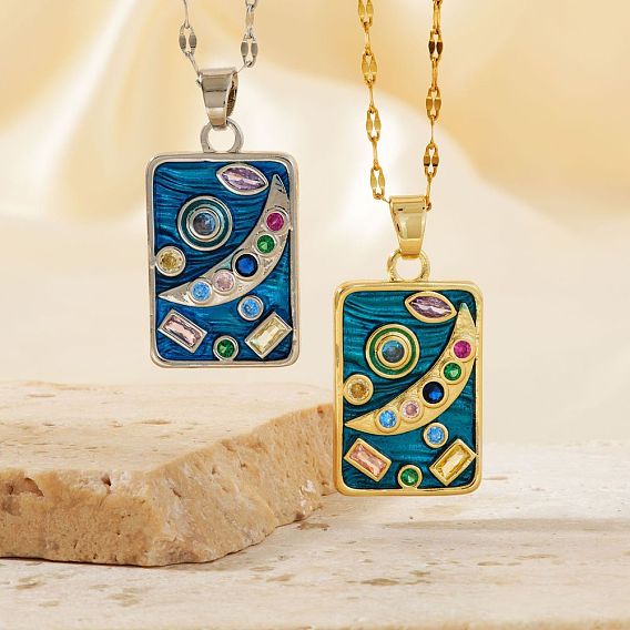 Минималистичные хип-хоп-стиль звездное небо латунные кубические циркониевые подвески ожерелья для женщин, Прямоугольник с луной