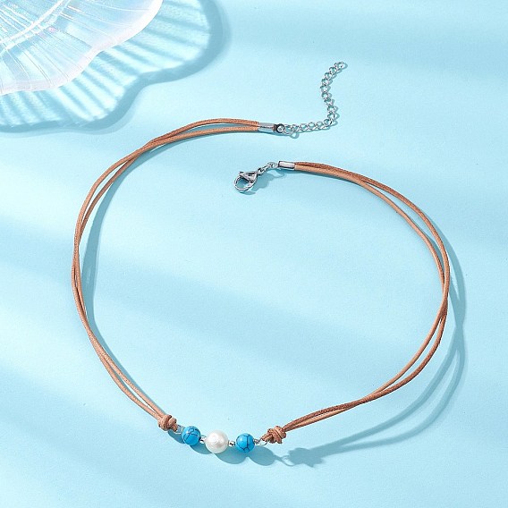 Женские ожерелья из круглых бусин из синтетической бирюзы и натурального жемчуга, выполненные из коровьей кожи, цвет нержавеющей стали