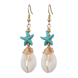 Starfish Brass with Synthetic Turquoise & Cowrie Shell Dangle Earrings, Golden