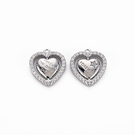 Brass Micro Pave Clear Cubic Zirconia Charms, Nickel Free, Heart with Word Forever