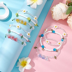 3pcs 3 ensembles de bracelets à breloques en acrylique de couleurs pour femmes, avec des perles de rocaille en verre et des perles œil de chat