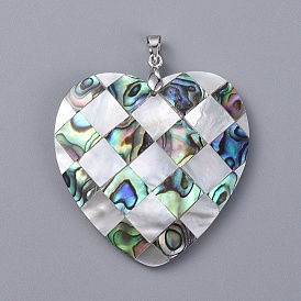 Natural Abalone Shell/Paua Shell and White Shell Pendants, Mosaic Pattern, with Platinum Plated Brass Findings, Heart