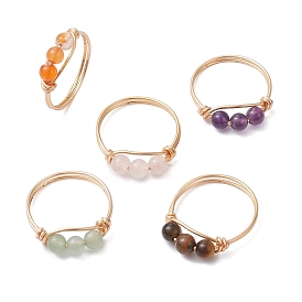 Copper Wire Wrapped Natural Gemstone Round Beaded Finger Rings for Women