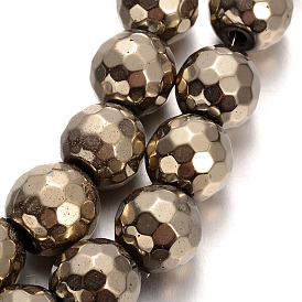 Electroplated non-magnétiques brins de perles d'hématite synthétique, ronde à facettes, l'imitation de la pyrite