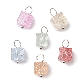 Crackle Glass Charms, with Silver Iron Findings, Cube Charms