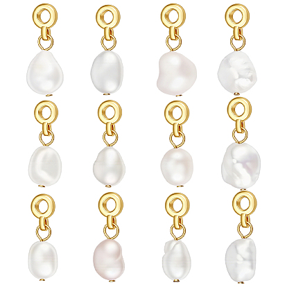 12Pcs Natural Baroque Pearl Keshi Pearl European Dangle Charms, Nuggets, with Brass Findings