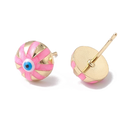 Enamel Half Round with Evil Eye Stud Earrings, Real 18K Gold Plated Brass Jewelry for Women