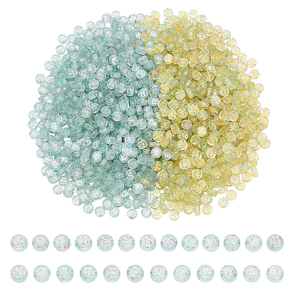 2 Colors Plating Transparent Acrylic Beads, with Glitter Powder, Metal Enlaced, Flat Round with Letter
